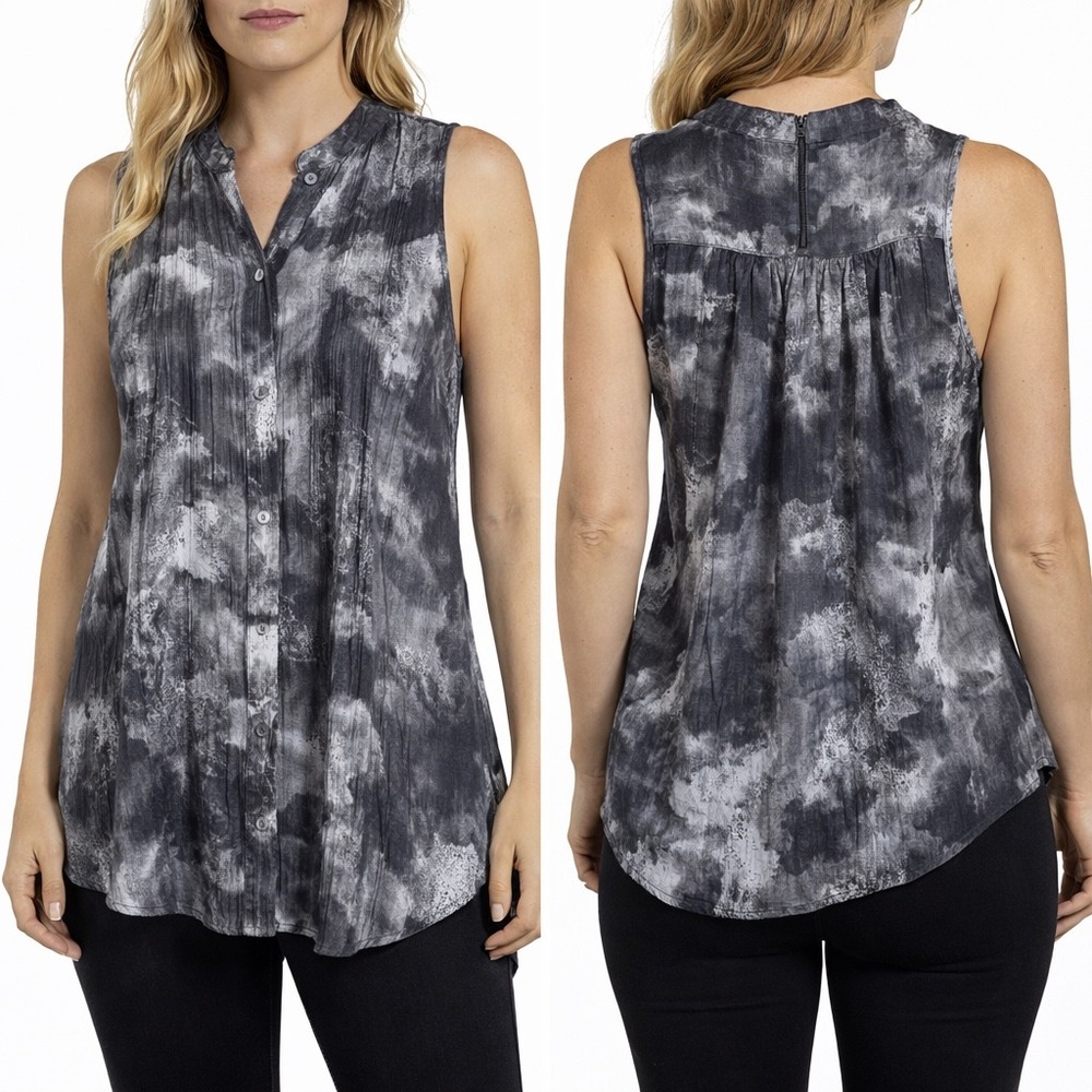 Eileen Fisher 100% Silk Ink Blot Print Tunic Top Sz XS Mandarin Collar Runs Big